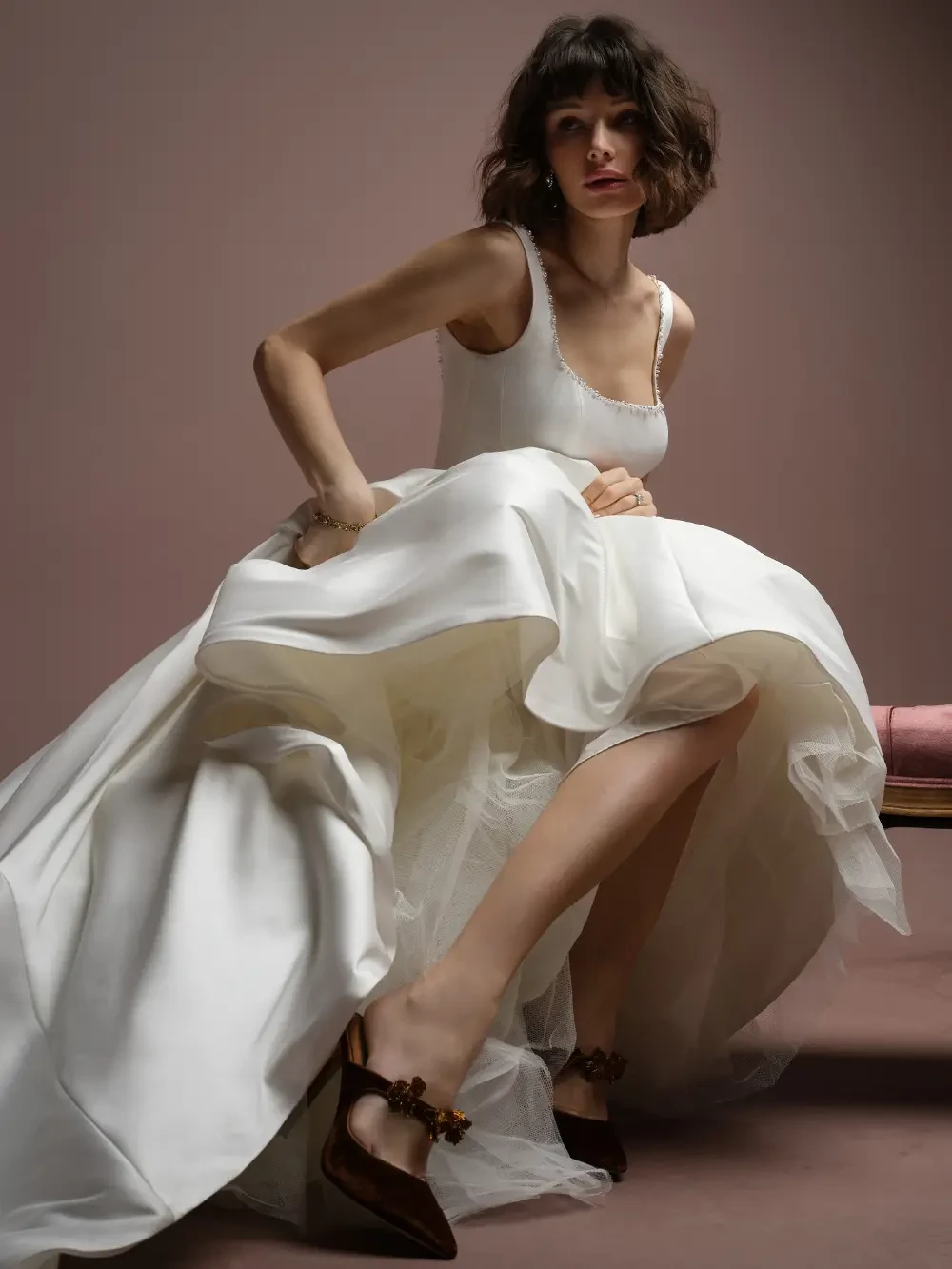 Bride in a white A-line wedding gown