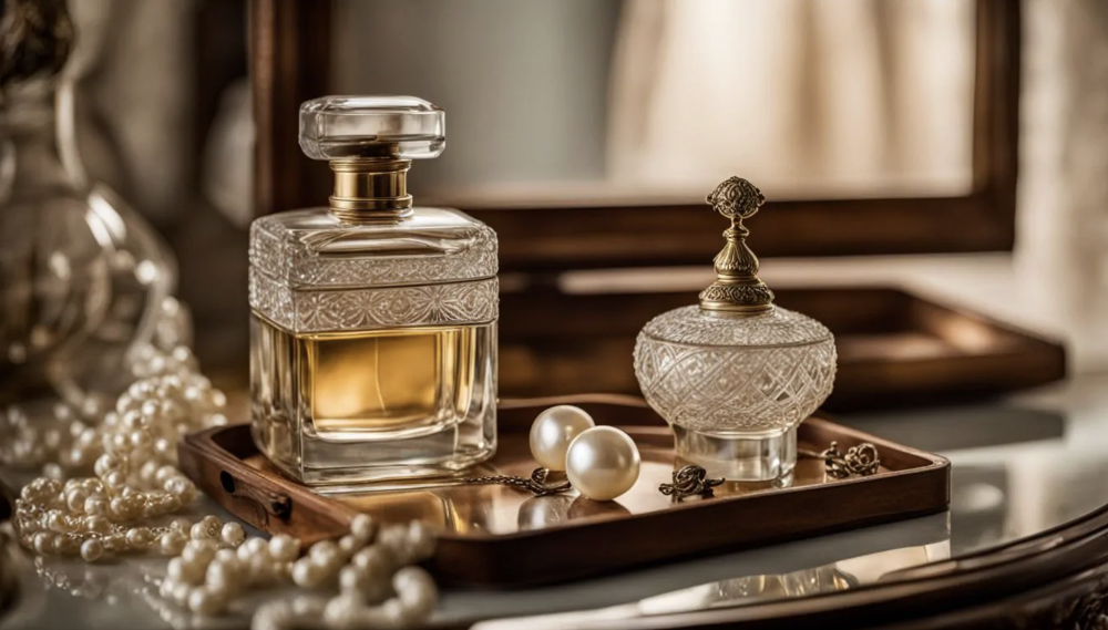Vintage perfume bottles and pearls on a dressing table tray